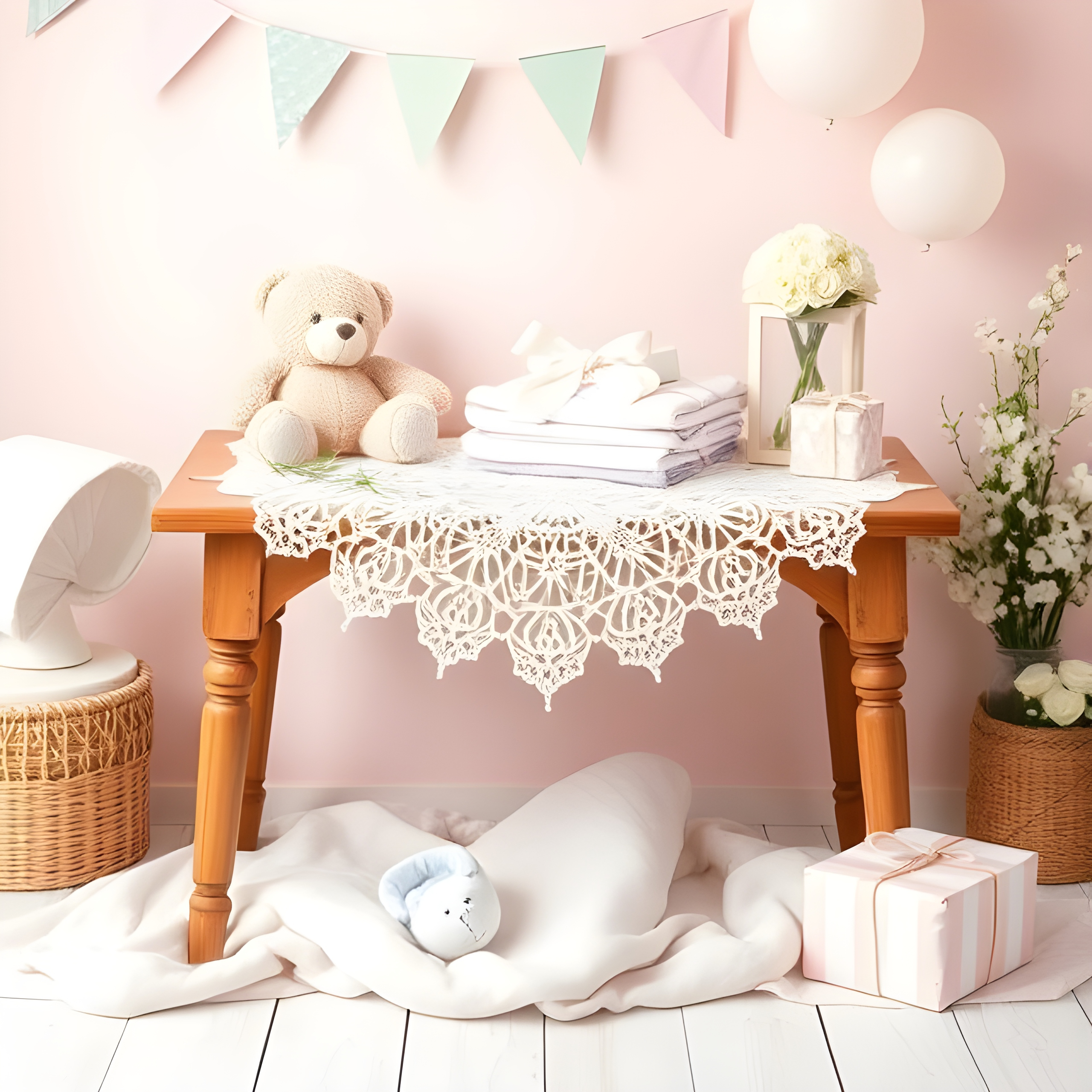 Baby shower gift table with teddy bear, wrapped presents and decorations